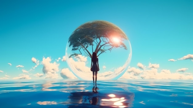 Фото Девушка женщина стоит в голубой воде земли недалеко от круглой планеты земля надежда на спасение
