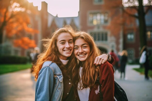 写真 女の子と男の子がレンガの建物の前で微笑んでいる