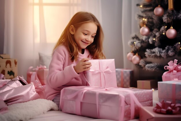 写真 ピンクのパジャマを着た女の子がクリスマスツリーの背景に座ってピンクのプレゼントを開ける