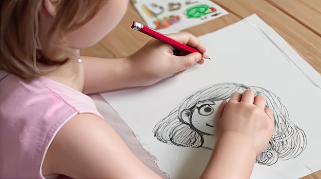 写真 紙に筆で絵を描いている女の子