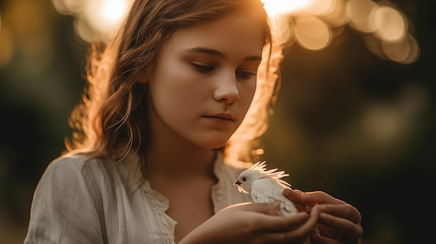 写真 鳥を手に持っている女の子