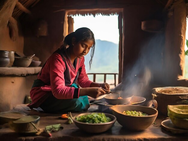 写真 少女は小さな小屋で料理をしています