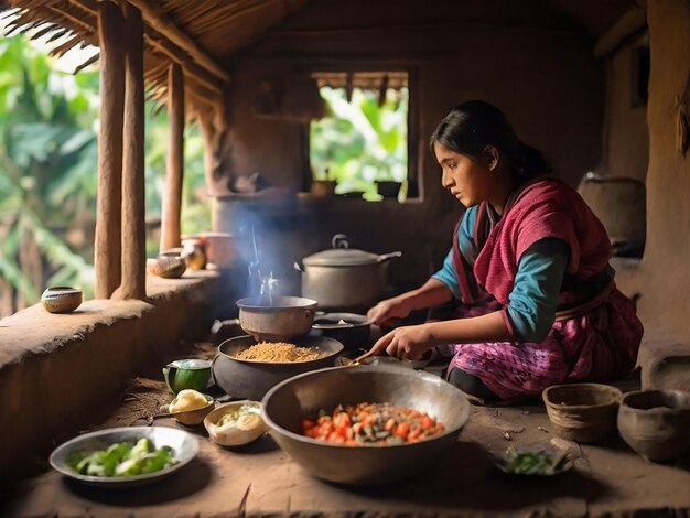 写真 少女は小さな小屋で料理をしています