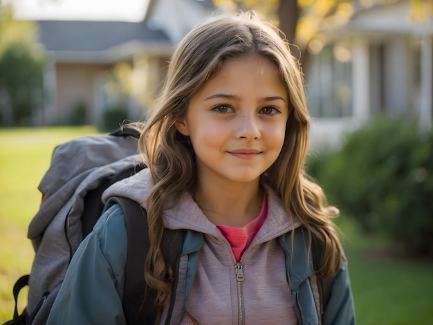 写真 背中にバッグを持って学校に行く女の子