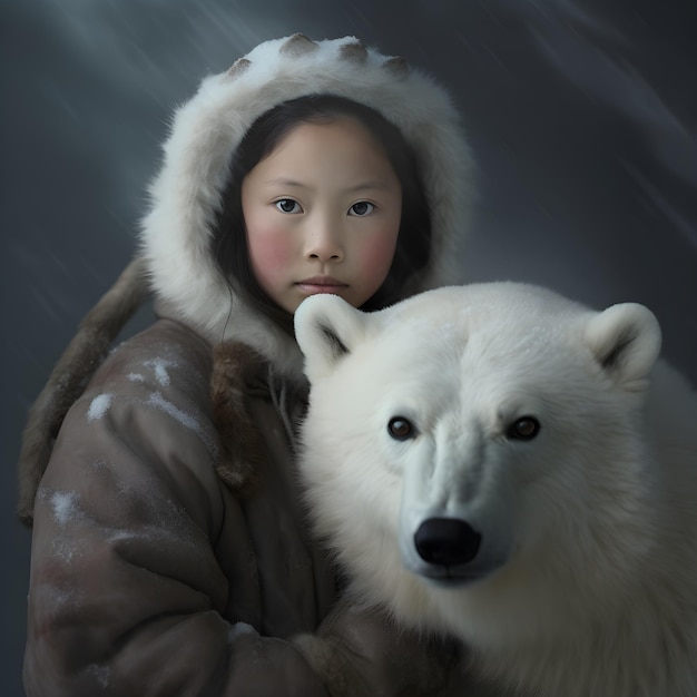 사진 한 소녀가 북극곰을 안고 있고 소녀는 모피 코트를 입고 있습니다.