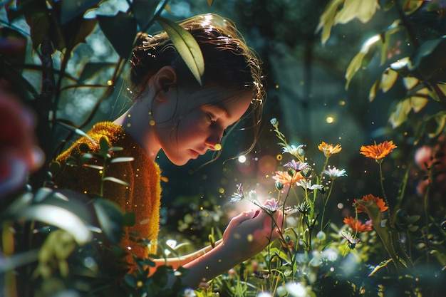 Foto a girl is looking at a flower with the word  on it