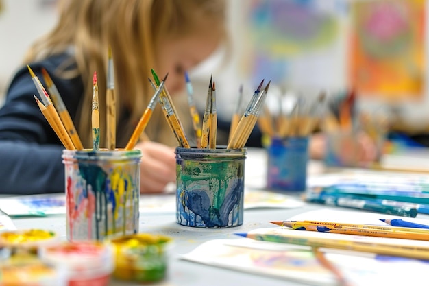 사진 a girl is painting a picture of a paint brush