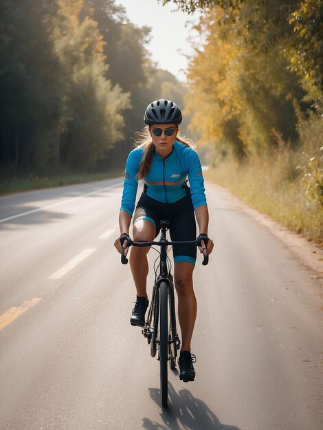 写真 女の子が午後道路で自転車に乗っています