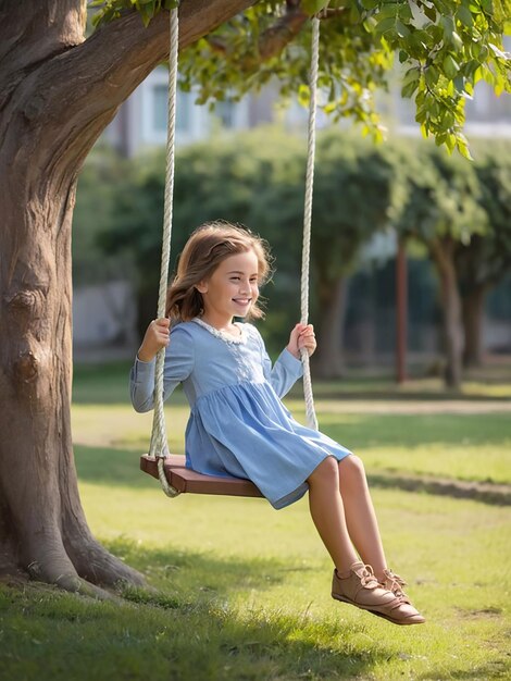 写真 女の子が木の下のスイングでれています