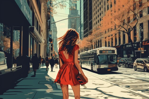 사진 한 소녀가 패션 일러스트레이션 스타일로 거리를 고 있습니다. 뉴욕 시티스케이프 클래식 글래머 스프링
