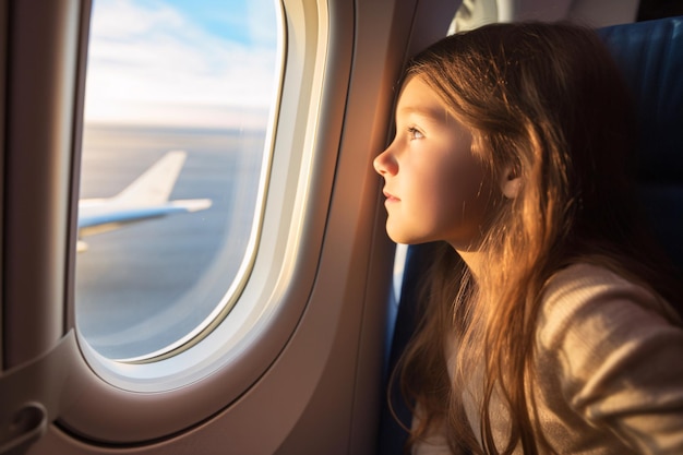 写真 飛行機の窓から眺める女の子