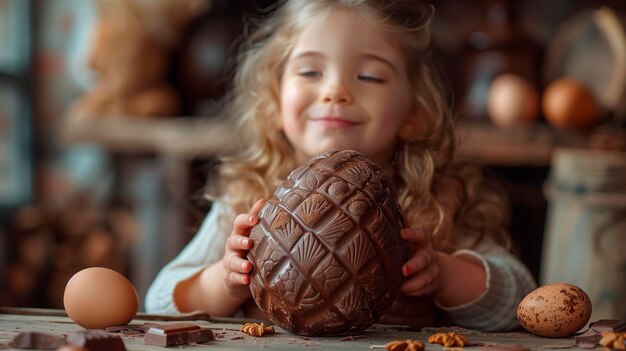 写真 大きなチョコレート卵を開ける女の子