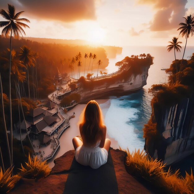 Фото Девушка сидит на вершине скалы к красивому побережью в sunset view ai изображения фона