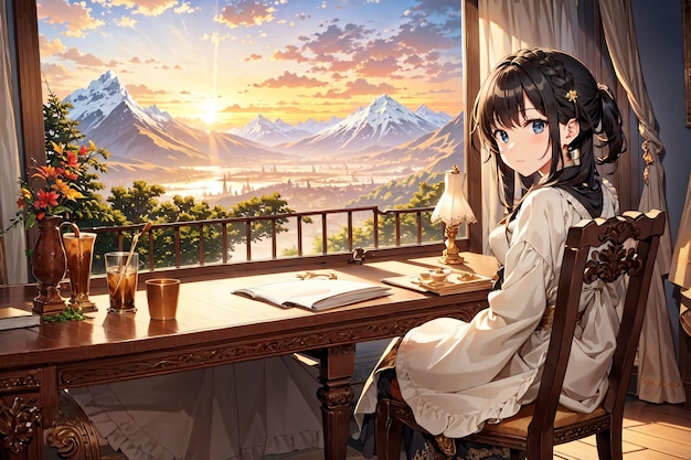 写真 女の子が山を背景にした窓の前のテーブルに座っています。