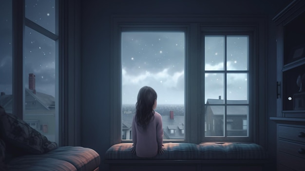 写真 女の子が窓枠に座って夜空を眺めています。