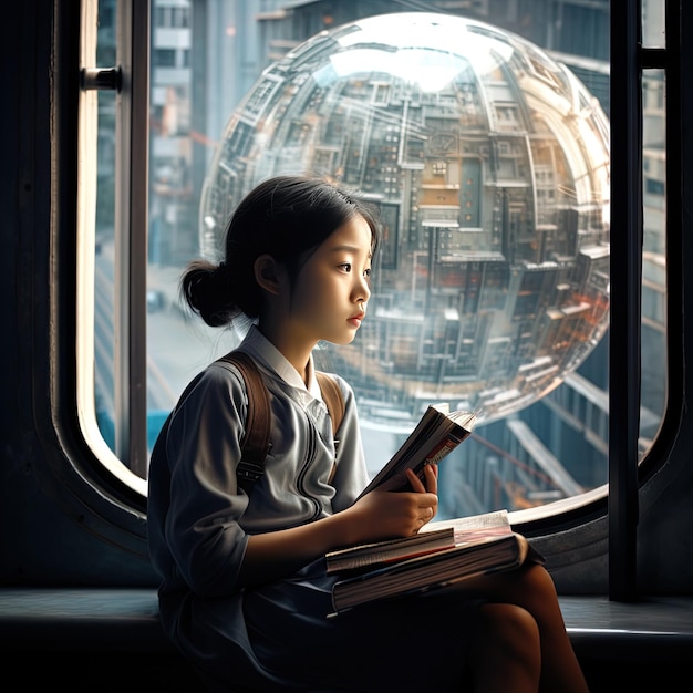 사진 한 소녀가 창문 앞에 앉아서 책을 읽고 있다.