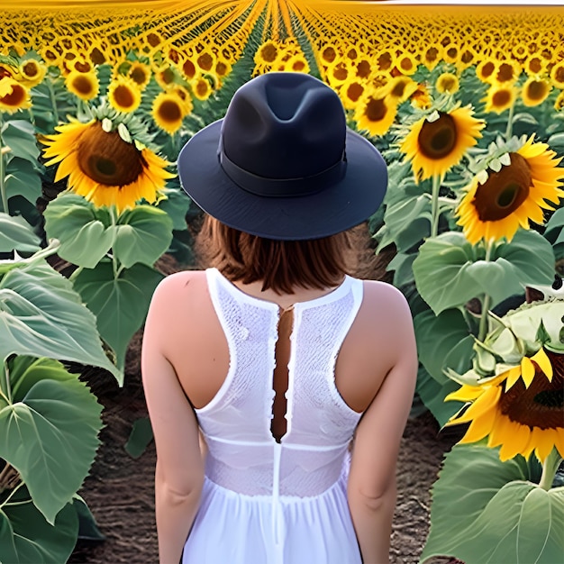 写真 ひまわり畑に顔を向けて立つ女の子、ai が生成した画像