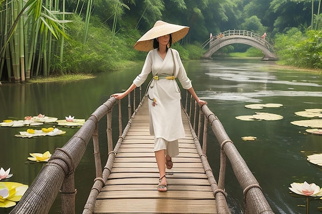 Фото Девочка, идущая одна по деревянному мосту на озере панг унг в таиланде.