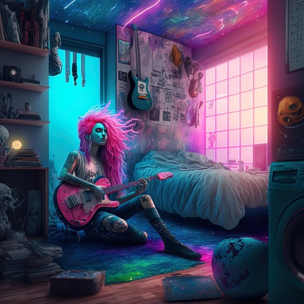 사진 그녀의 뒤에 벽에 포스터가 있는 방에서 기타를 들고 있는 소녀