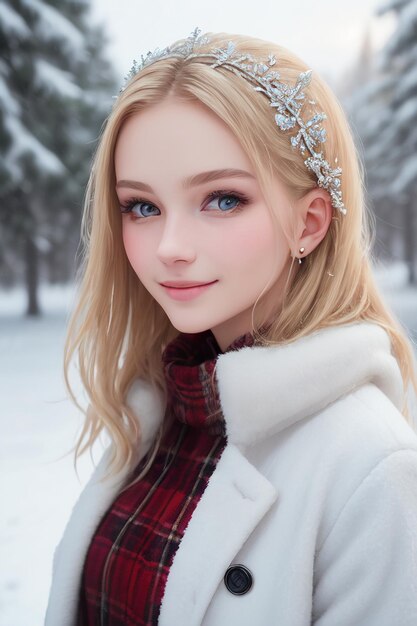 写真 雪の中のヘアバンドをかぶった女の子