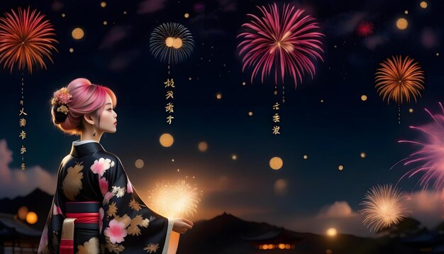 写真 頭の上にキモノを着た女の子が花火を見ている