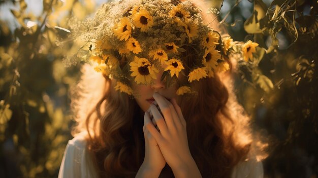 写真 花の花束をかぶった女の子人工知能を生成する