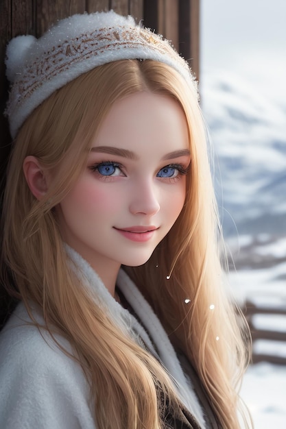 사진 금발과 파란 눈의 소녀가 눈 인 산 앞에 서 있다.