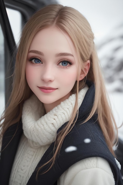 写真 青い目と黒いコートと白いスカーフと青い目と黑いコートの女の子
