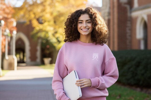 写真 ピンクのセーターと白いフォルダーを着た巻き毛の女の子。