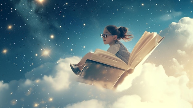 Фото Девушка в очках взлетает на открытой книге, летящей по небу.