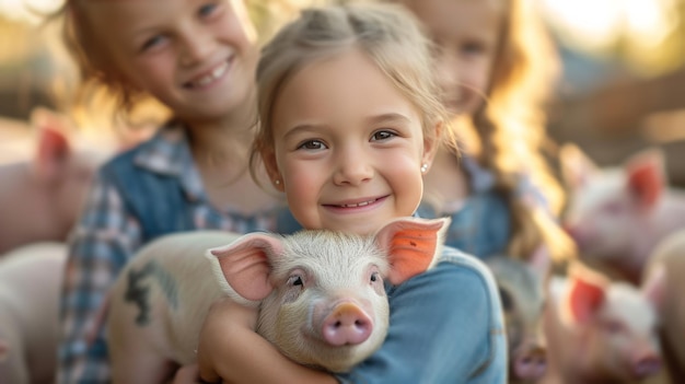 写真 動物園のミニ豚のペーンで両親と一緒にいる女の子