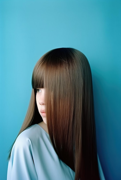 Фото Девушка с длинными волосами у синей стены