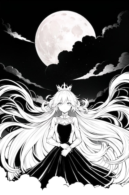 写真 長い髪の女の子が満月の前に立っています。