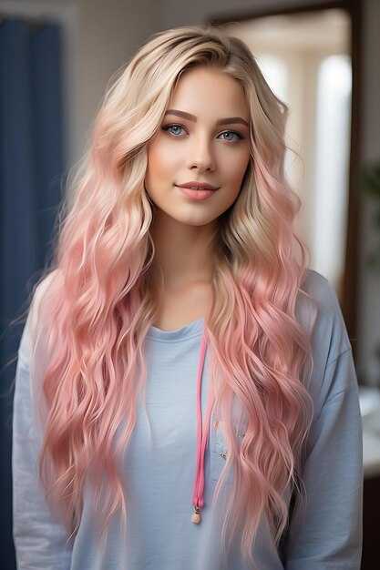사진 분홍색 머리카락과 밝은 파란색 셔츠를 입은 소녀가 벽 앞에 서 있습니다.