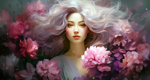 사진 보라색 머리카락을 가진 소녀가 추상적인 그림에서 꽃으로 둘러싸여 있습니다.