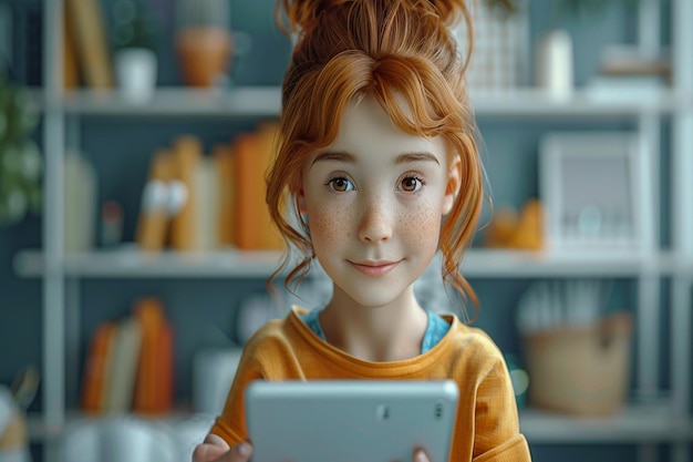 Фото Девушка с рыжими волосами держит таблетку с лицом, на котором написано 