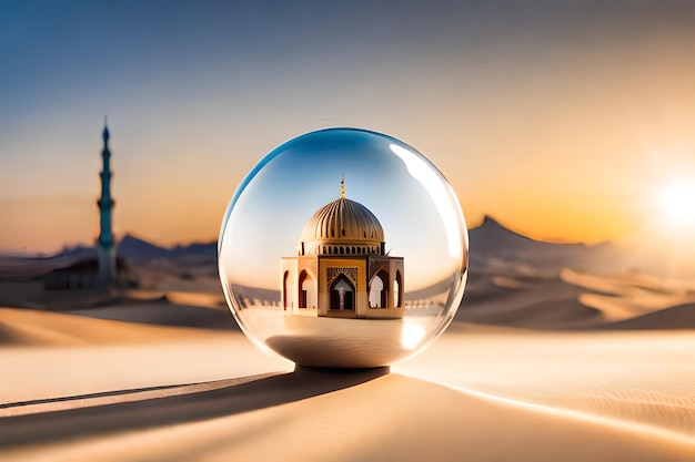 写真 中にイスラムのモスクがある砂漠のガラス玉