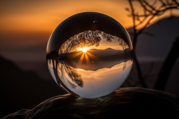 写真 背後に太陽が沈むガラス玉