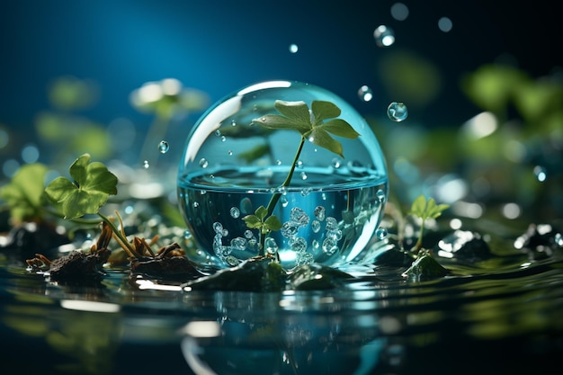 사진 물방울과 잎이 있는 유리 공