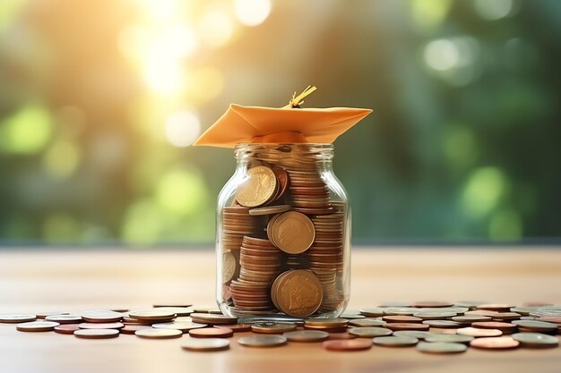 Фото Стеклянная бутылка со стопкой монет, денег и выпускной шляпы. экономия денег и успех в образовании.