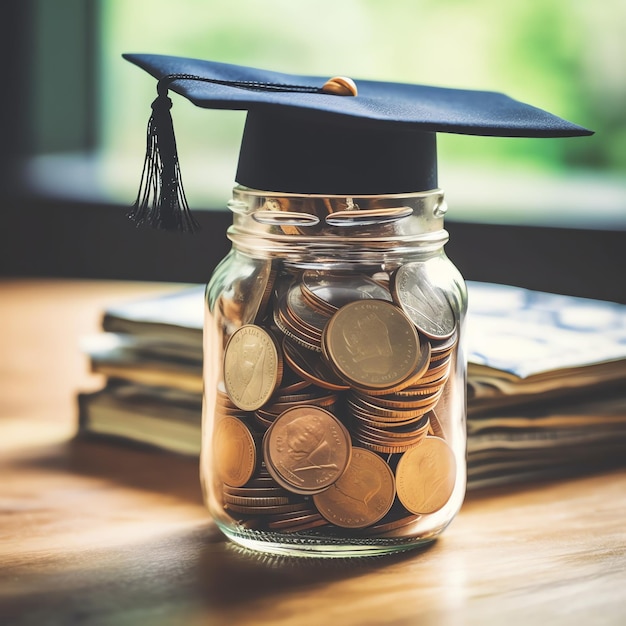 Фото Стеклянная бутылка со стопкой монет, денег и выпускной шляпы. экономия денег и успех в образовании.