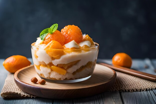 Фото Стеклянная миска фруктового салата с апельсинами и сливками