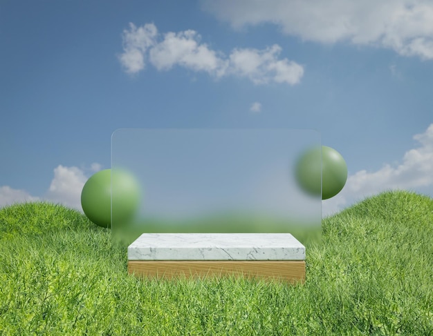 사진 전경에 녹색 잔디와 녹색 공이 있는 유리 상자.