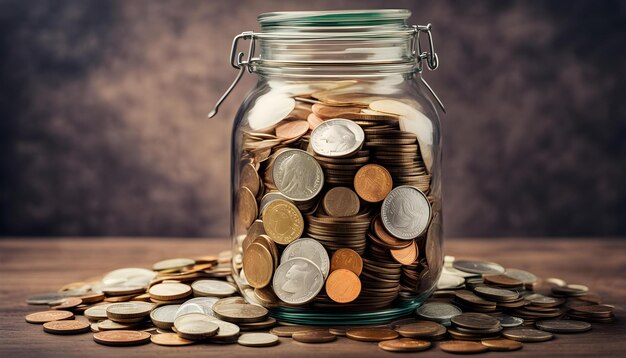 Фото Стеклянная банкушка с большим количеством монет с надписью 