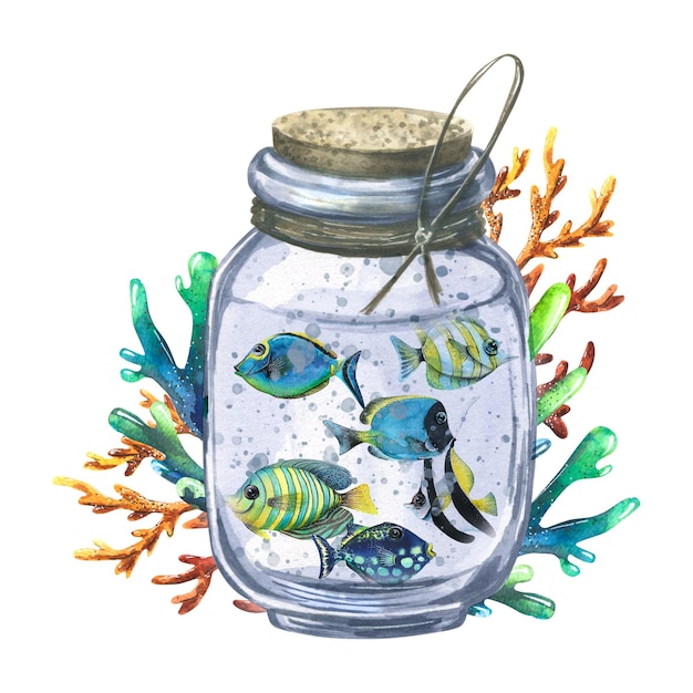Фото Стеклянная банка с различными тропическими рыбками в окружении кораллов акварельная иллюстрация для оформления и оформления принтов открыток постеров сувениров пляжных морских буклетов