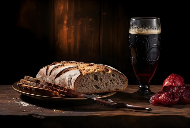 Foto un bicchiere di birra con pane di grano in stile scuro