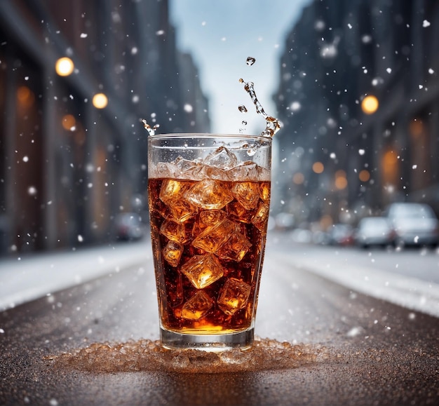 사진 겨울에 거리에 떨어지는 얼음 큐브와 함께 콜라 한 잔