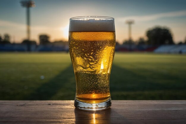 写真 背景にぼんやりしたサッカー場がある冷たいビールのグラス