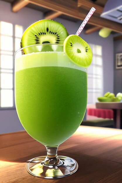 Фото На кухонном столе стакан вкусного зеленого фруктового напитка.
