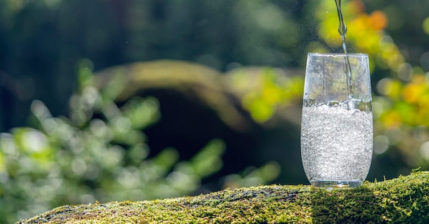 写真 夏のミネラル天然水とコピースパの森の背景にある一杯の飲料水...